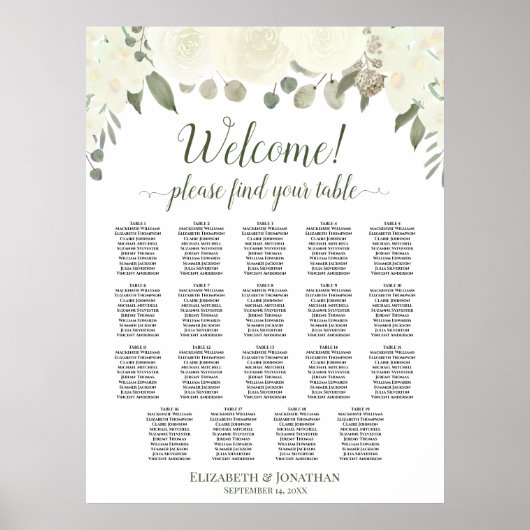 19 Tafel Ivory White Roses Wedding Seating Chart Poster (Voorkant)