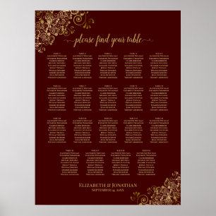 19 Tafel Lacy Gold & Auburn Wedding Seating Chart Poster