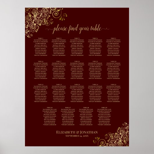 19 Tafel Lacy Gold & Auburn Wedding Seating Chart Poster (Voorkant)