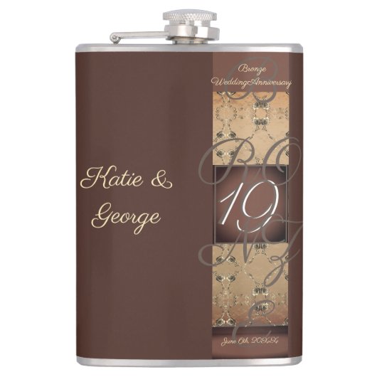 19de Jubileum van het huwelijk Dark Bronze Heupfles (Voorkant)