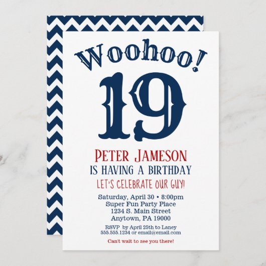 19e anniversaire Invitation Mens Marine Bleu (Devant / Derrière)