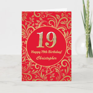 19e Birthday Red en Gold Floral Pattern Kaart