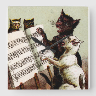 19e C. Zingende katten Vierkante Klok