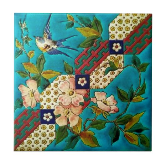 19e eeuw Aesthetische Longwy Bird Dogwood Repro Tegeltje (Voorkant)