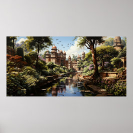 19e eeuw Indiase plezier tuin olie schilderij Poster