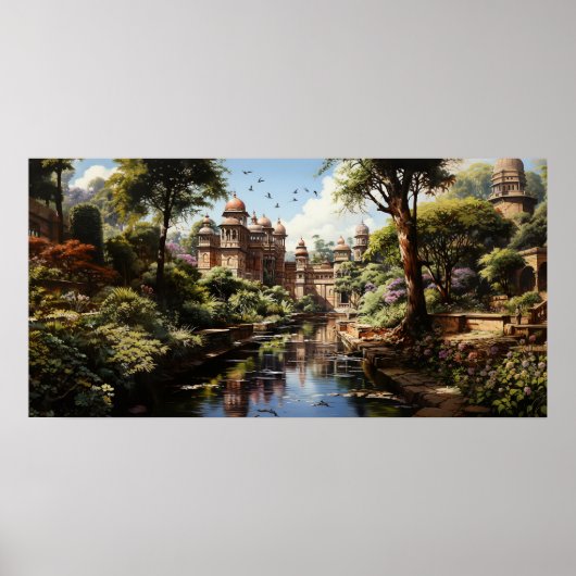 19e eeuw Indiase plezier tuin olie schilderij Poster (Voorkant)