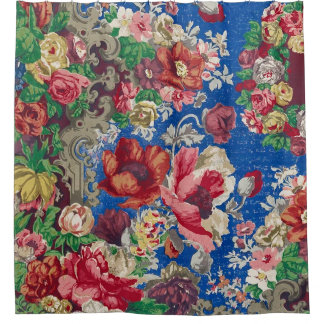 19e-eeuwse bloemenmotief Antiek Blauw Chintz Douchegordijn