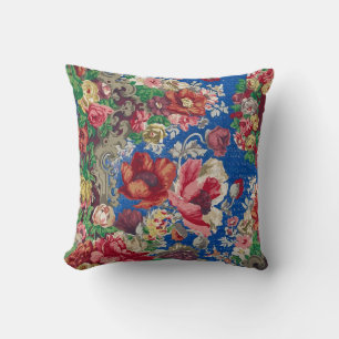 19e-eeuwse bloemenmotief Antiek Blauw Chintz Kussen