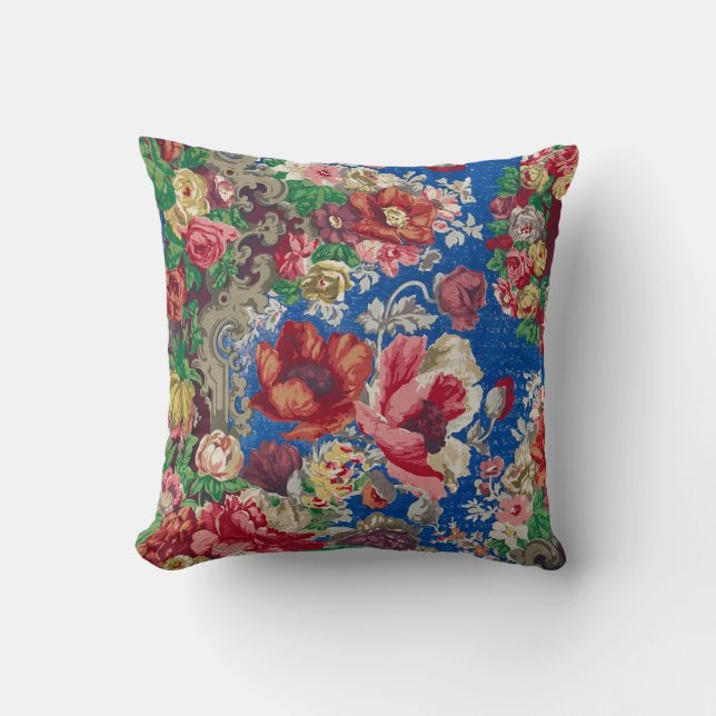 19e-eeuwse bloemenmotief Antiek Blauw Chintz Kussen (Voorkant)