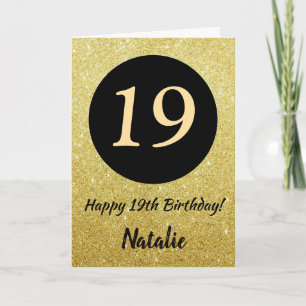 19e Happy Birthday Zwart en Goud Glitter Kaart