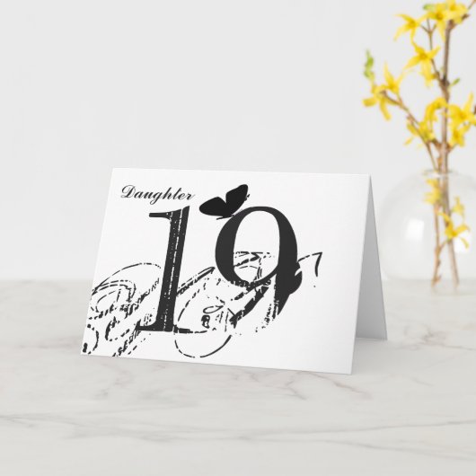 19e verjaardag, dochter, vlinder, zwart en wit. kaart (Gele Bloem)