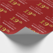 19e verjaardag: Elegant, Rood, Faux Gold Look Cadeaupapier (Hoek)