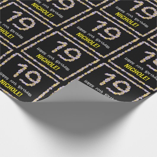 19e verjaardag: Floral Flowers Number, Custom Name Cadeaupapier (Hoek)