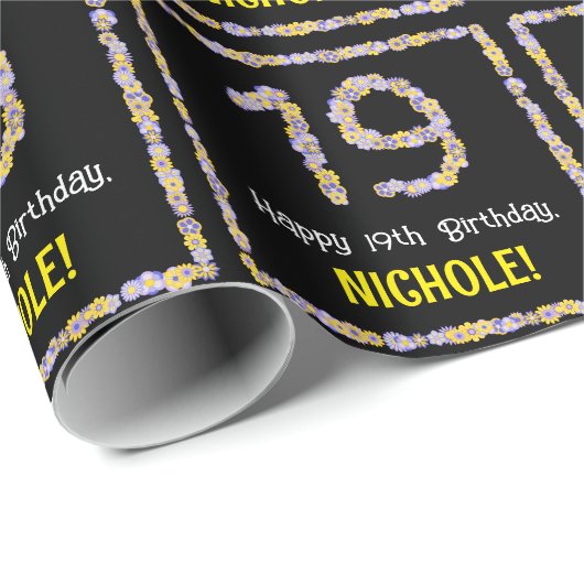 19e verjaardag: Floral Flowers Number, Custom Name Cadeaupapier (Rol Hoek)