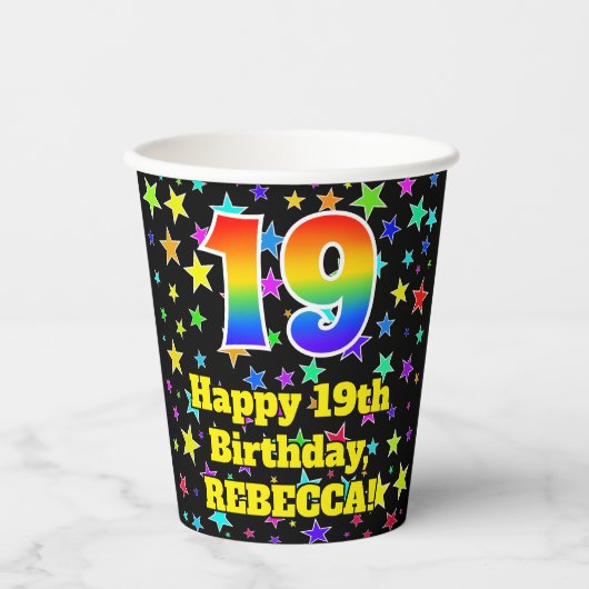 19e verjaardag: Fun Stars Pattern en Rainbow 19 Papieren Bekers (Voorkant)