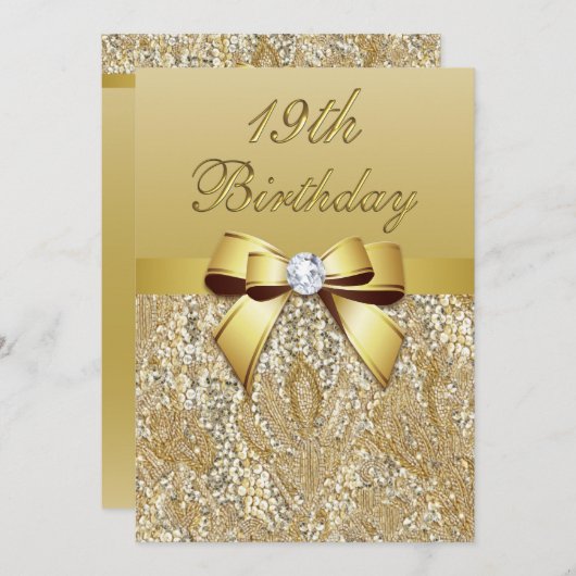 19e Verjaardag Gouden Faux Sequins en Bow Kaart (Voorkant / Achterkant)
