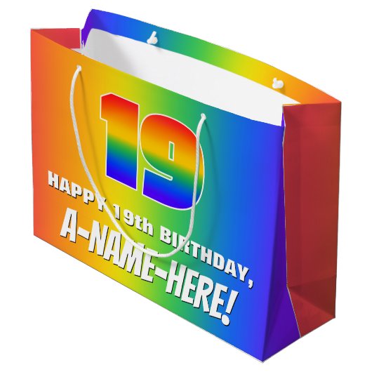 19e verjaardag: kleurrijk, vun regenboogpatroon # groot cadeauzakje (Achterkant Gekanteld)