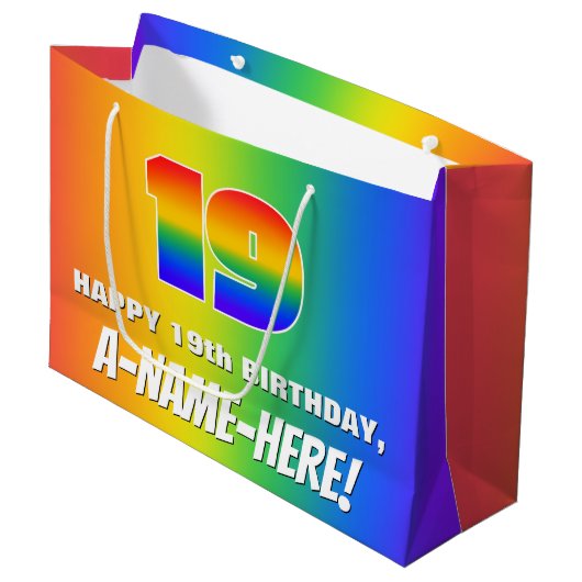 19e verjaardag: kleurrijk, vun regenboogpatroon # groot cadeauzakje (Voorkant Gekanteld)