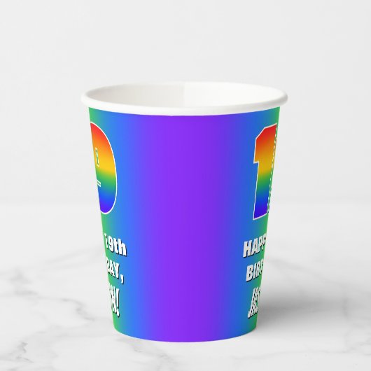 19e verjaardag: kleurrijk, vun regenboogpatroon #  papieren bekers (Links)
