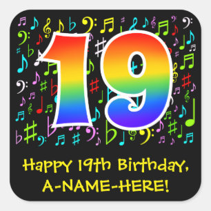 19e verjaardag: Kleurrijke muzieksymbolen, regenbo Vierkante Sticker