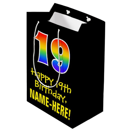 19e verjaardag: Leuk, vet, kleurrijk, regenboog "1 Medium Cadeauzakje (Achterkant Gekanteld)