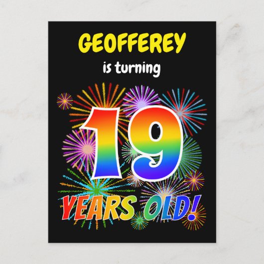 19e verjaardag - Leuk vuurwerk, regenbooglook "19" Briefkaart (Voorkant)