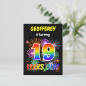 19e verjaardag - Leuk vuurwerk, regenbooglook "19" Briefkaart (Staand voorkant)