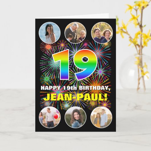 19e Verjaardag: Leuke Regenboog #, Aangepaste Naam Kaart (Gele Bloem)