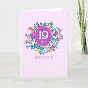 19e verjaardag met bloemen en pooldots kaart