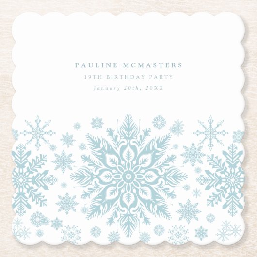 19e Verjaardag Party Blauw Wit Sneeuwvlok Custom Kartonnen Onderzetters (Voorkant)