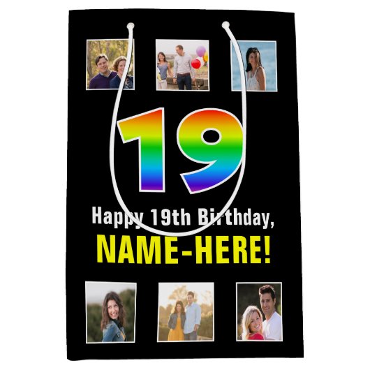 19e verjaardag: Regenboog "19", aangepaste foto's Medium Cadeauzakje (Voorkant)