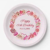 19e verjaardag roze rozen swirly hart papieren bordje (Voorkant)