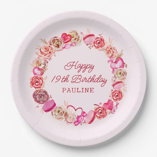19e verjaardag roze rozen swirly hart papieren bordje (Voorkant)