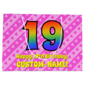 19e verjaardag: Roze strips & harten, regenboognr. Groot Cadeauzakje (Achterkant)