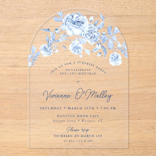 19e Verjaardag Surprise Party Blauwe Bloemenboog Acryl Uitnodigingen (Voorkant)