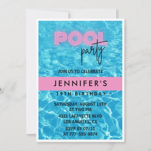 19e verjaardag uitnodigingen Pool Party Zomer (Voorkant)