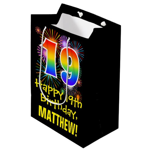 19e verjaardag: Vuurwerk Fun Pattern + Regenboog 1 Medium Cadeauzakje (Voorkant Gekanteld)