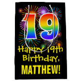 19e verjaardag: Vuurwerk Fun Pattern + Regenboog 1 Medium Cadeauzakje (Voorkant)