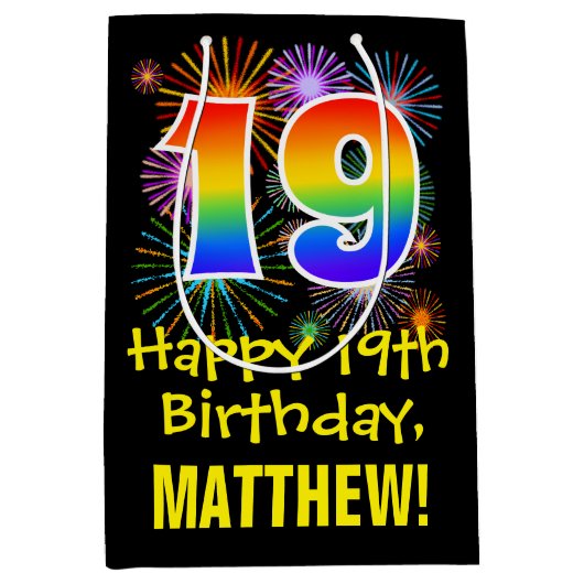 19e verjaardag: Vuurwerk Fun Pattern + Regenboog 1 Medium Cadeauzakje (Voorkant)