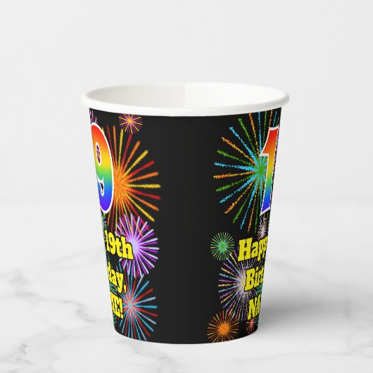 19e verjaardag: Vuurwerk Fun Pattern + Regenboog 1 Papieren Bekers (Links)
