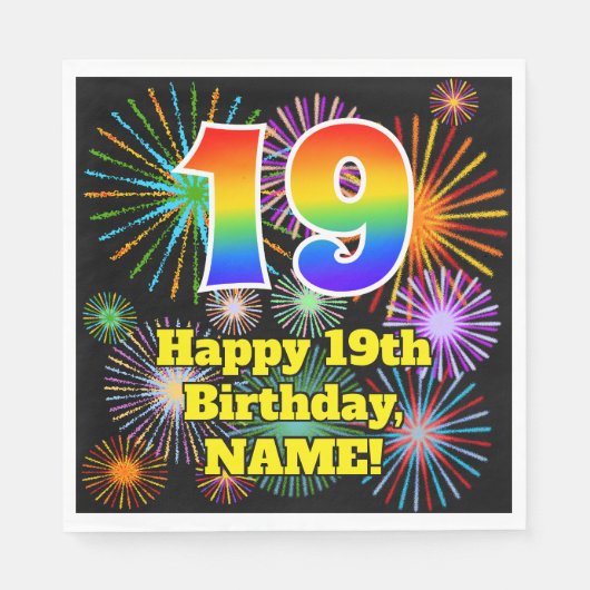 19e verjaardag: Vuurwerk Fun Pattern + Regenboog 1 Servet (Voorkant)
