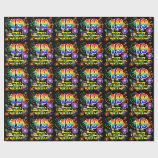 19e verjaardag: vuurwerk, regenboogblik # "19" cadeaupapier (Zoom)