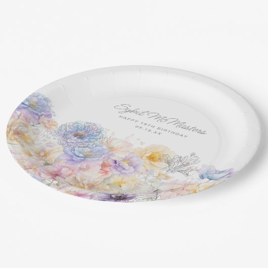 19e Verjaardag Zomer Waterverf Floral Custom Papieren Bordje (Gekanteld)