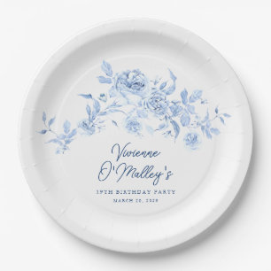 19e Verjaardagsfeest Blauw Roos Bloemen Custom Papieren Bordje