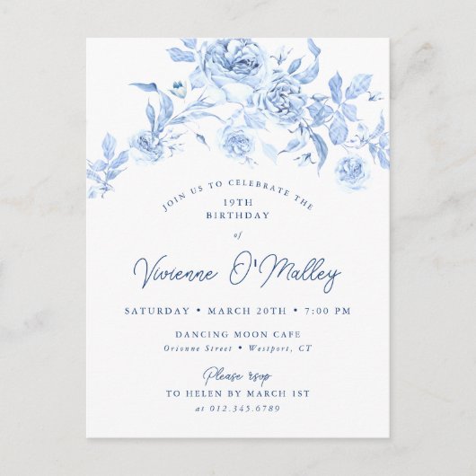 19e Verjaardagsfeest Dusty Blue Roos Floral Uitnodiging Briefkaart (Voorkant)