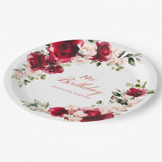 19e Verjaardagsfeest Rood Roze Bloemen Custom Pape Papieren Bordje (Gekanteld)