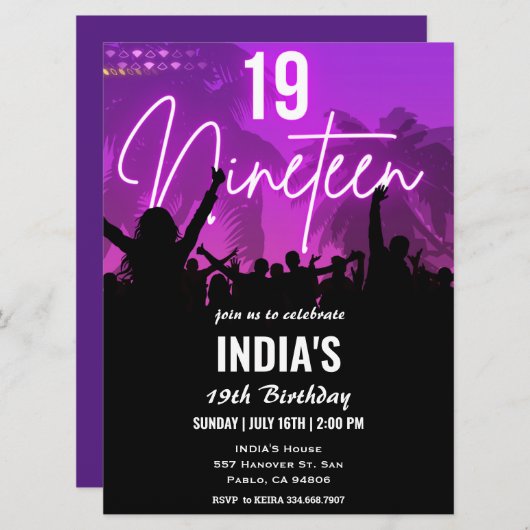 19e verjaardagsfeestje roze neon uitnodiging (Voorkant / Achterkant)