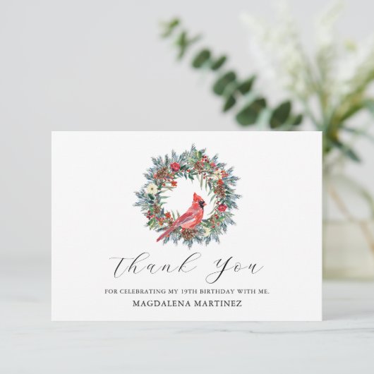 19th Birthday Red Cardinal Wreath Custom Flat Bedankkaart (Staand voorkant)