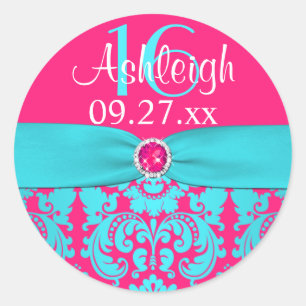 1,5-inch hot-roze, Turquoise Damask Sweet 16 Stick Ronde Sticker