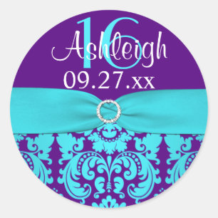 1,5" Paarse, Turquoise Damask Sweet 16 Sticker